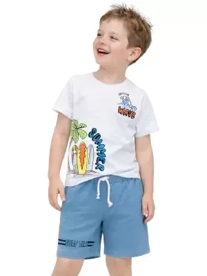 Erkek Çocuk Summer Wave Yazılı Palmiye Desenli Şortlu Takım - Almira Bebek