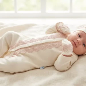Kız Bebek İnci Detaylı- Güpürlü- 3 Parça Tulum Takımı - Almira Bebek