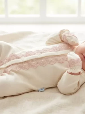 Kız Bebek İnci Detaylı- Güpürlü- 3 Parça Tulum Takımı - Almira Bebek
