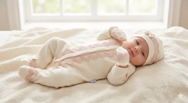 Kız Bebek İnci Detaylı- Güpürlü- 3 Parça Tulum Takımı - Almira Bebek