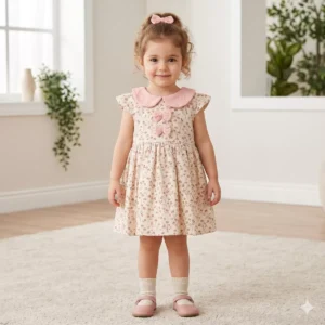 Kız Çocuk Müslin Kumaş- Çiçek Desenli -bebe Yaka- Fiyonk Detaylı Elbise - Almira Bebek