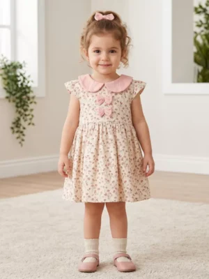 Kız Çocuk Müslin Kumaş- Çiçek Desenli -bebe Yaka- Fiyonk Detaylı Elbise - Almira Bebek