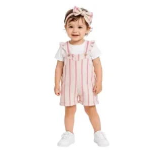 Kız Bebek Pembe Çizgili- Yandan Düğmeli- Keten Salopet -kısa Kollu Tişört- Bandanalı Takım - Almira Bebek