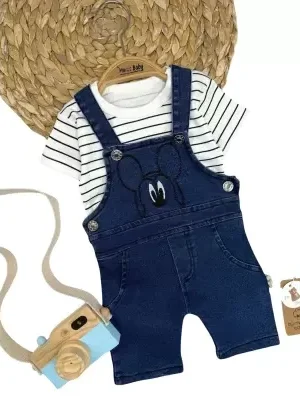Erkek Bebek Mickey Baskılı- Çizgili Tişörtlü Kot Salopet Takım - Almira Bebek