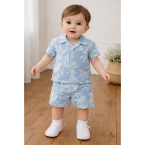 Erkek Çocuk Çiçek Desenli Düğmeli Cepli Müslin Takım - Almira Bebek