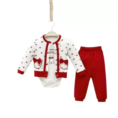 Kız Bebek Çiçek Desenli- Önden Çıtçıtlı- Kırmızı Takım Renk 3 Lü - 3. görsel