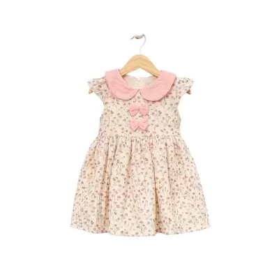 Kız Çocuk Müslin Kumaş- Çiçek Desenli -bebe Yaka- Fiyonk Detaylı Elbise - 3. görsel