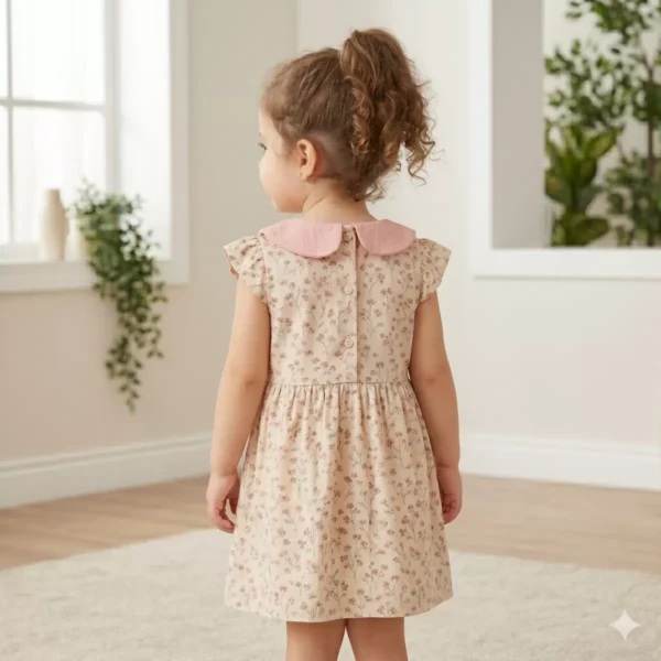Kız Çocuk Müslin Kumaş- Çiçek Desenli -bebe Yaka- Fiyonk Detaylı Elbise - 2. görsel