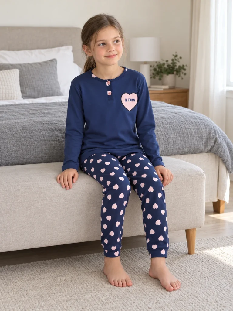 Kız Çocuk Kalp Baskılı Düğneli Pijama Takımı