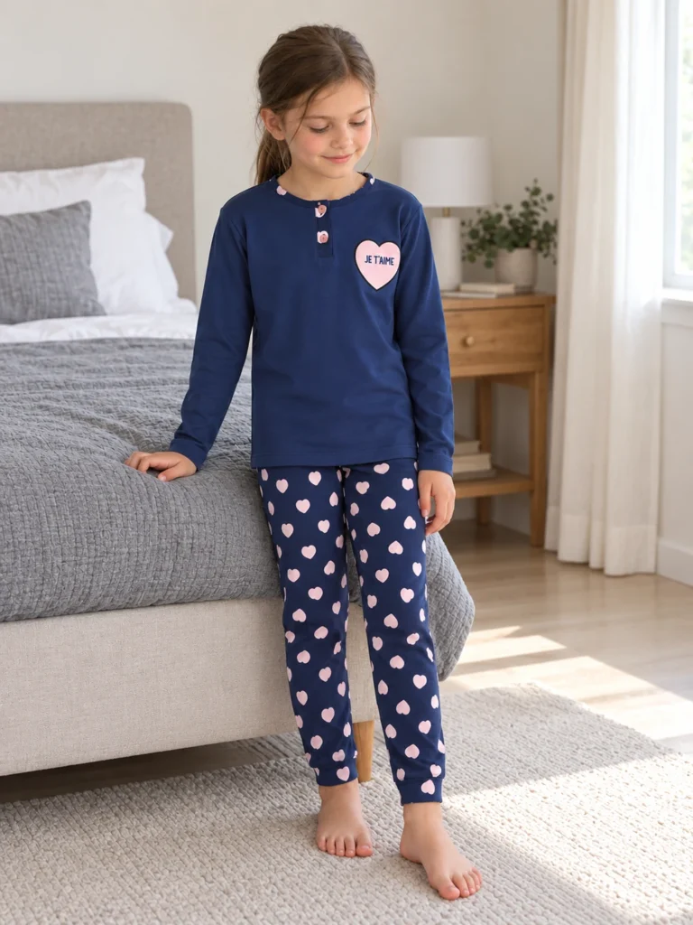 Kız Çocuk Kalp Baskılı Düğneli Pijama Takımı - V3 doğal ürün görünümü - Almira Bebek