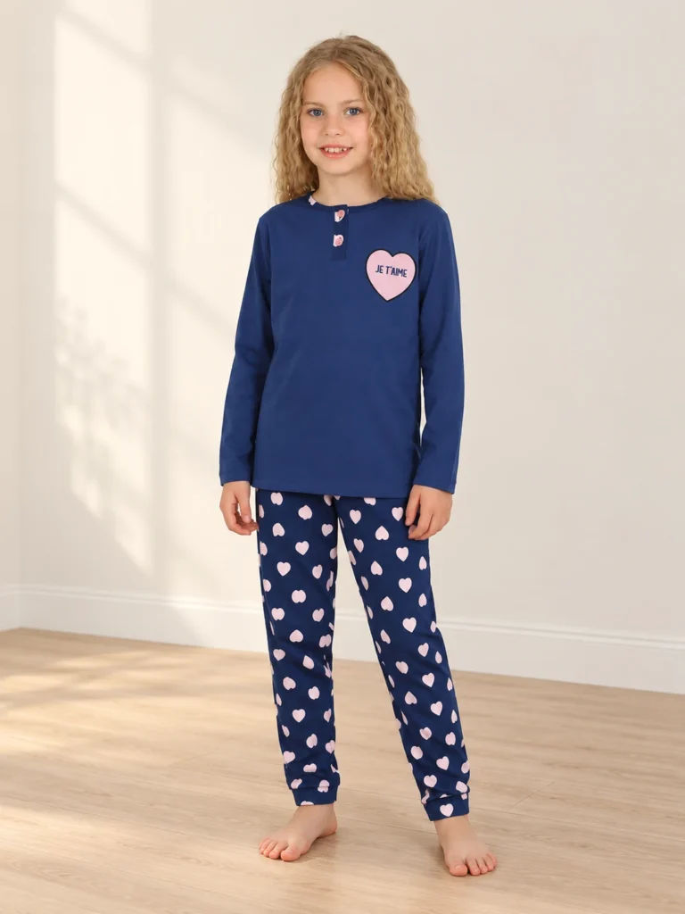 Kız Çocuk Kalp Baskılı Düğneli Pijama Takımı