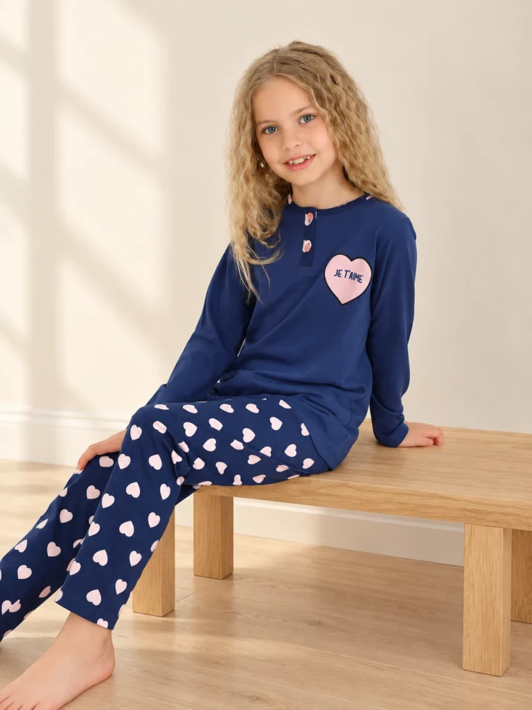 Kız Çocuk Kalp Baskılı Düğneli Pijama Takımı - Alternatif ürün görünümü - Almira Bebek
