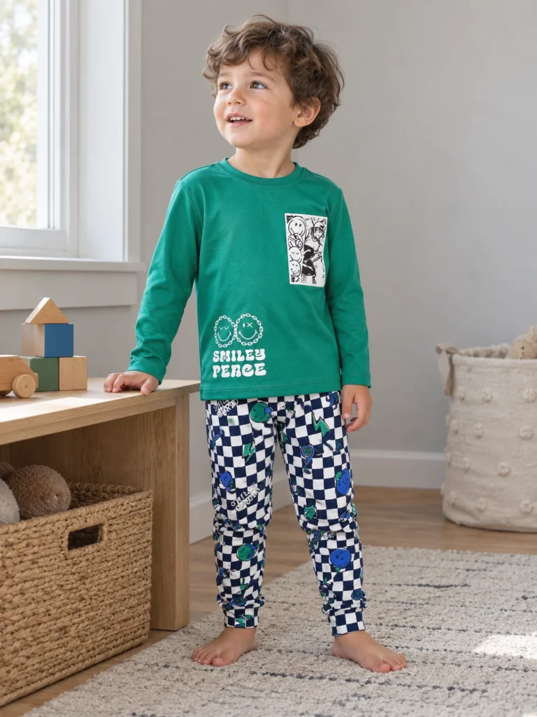 Erkek Çocuk Gülen Yüz Bakılı Pamuklu Pijama Takımı