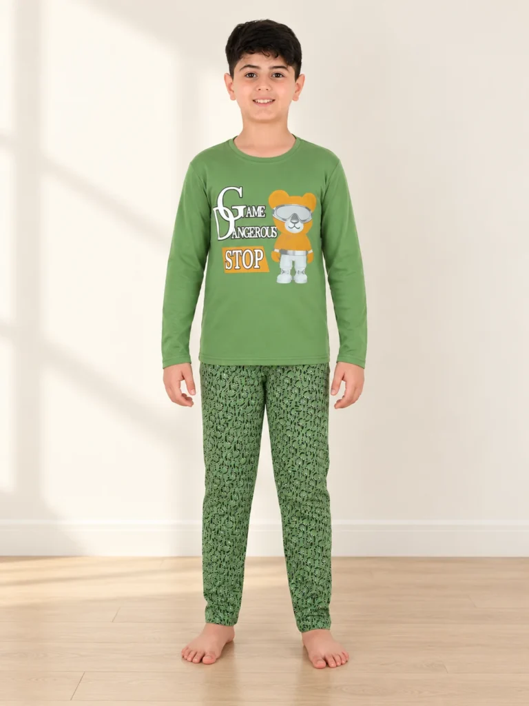 Erkek Çocuk Game Dangerous Yazılı Ayıcık Baskılı Pijama takımı