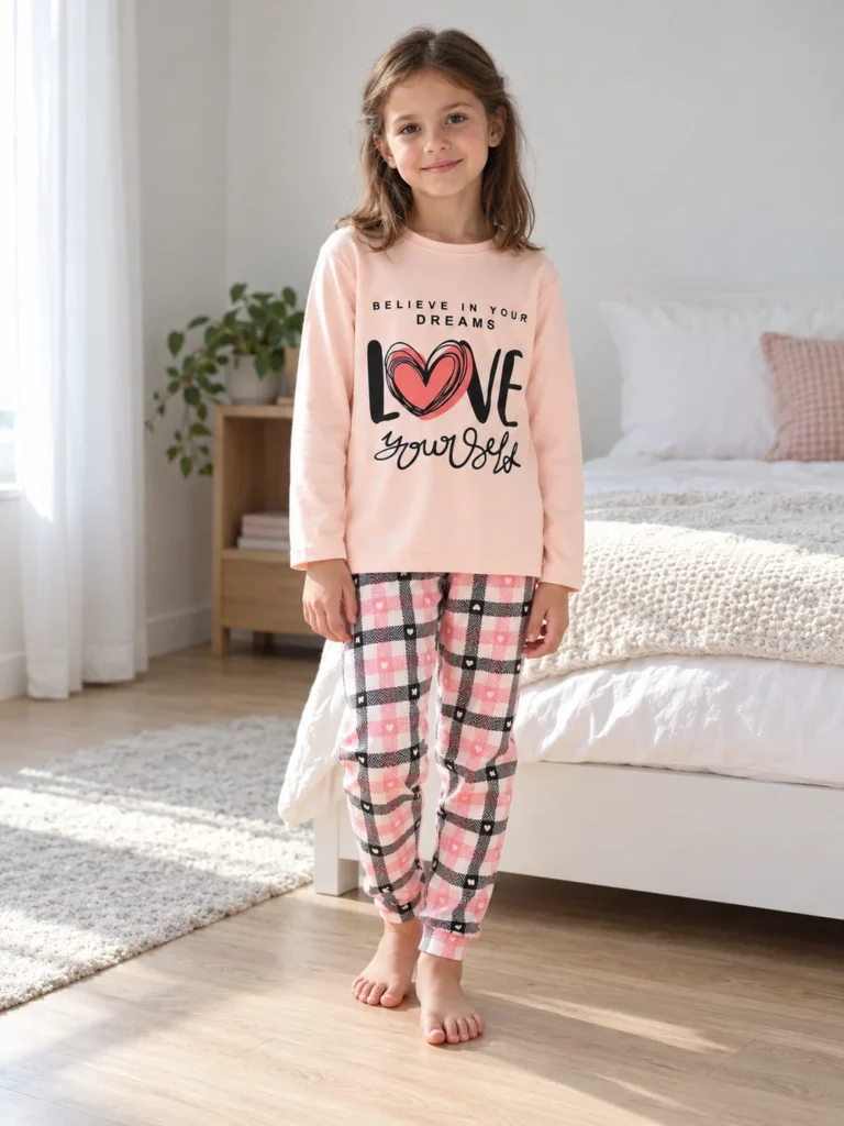 Kız Çocuk Love Yazılı uzun Kollu Pamuklu Pijama takımı