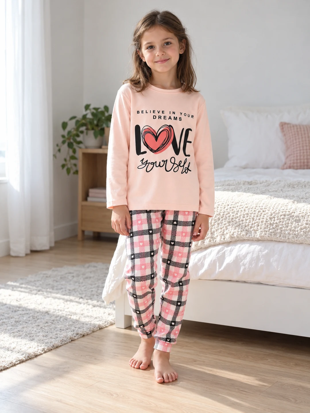 Kız Çocuk Love Yazılı uzun Kollu Pamuklu Pijama takımı - V3 doğal ürün görünümü - Almira Bebek