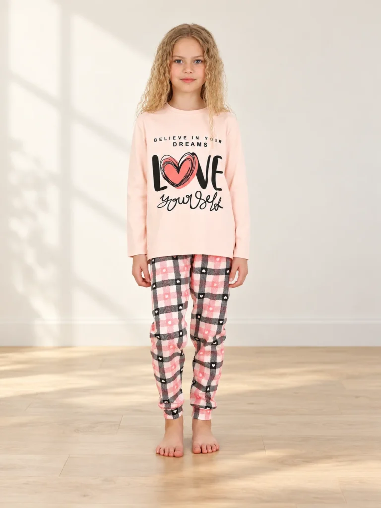 Kız Çocuk Love Yazılı uzun Kollu Pamuklu Pijama takımı