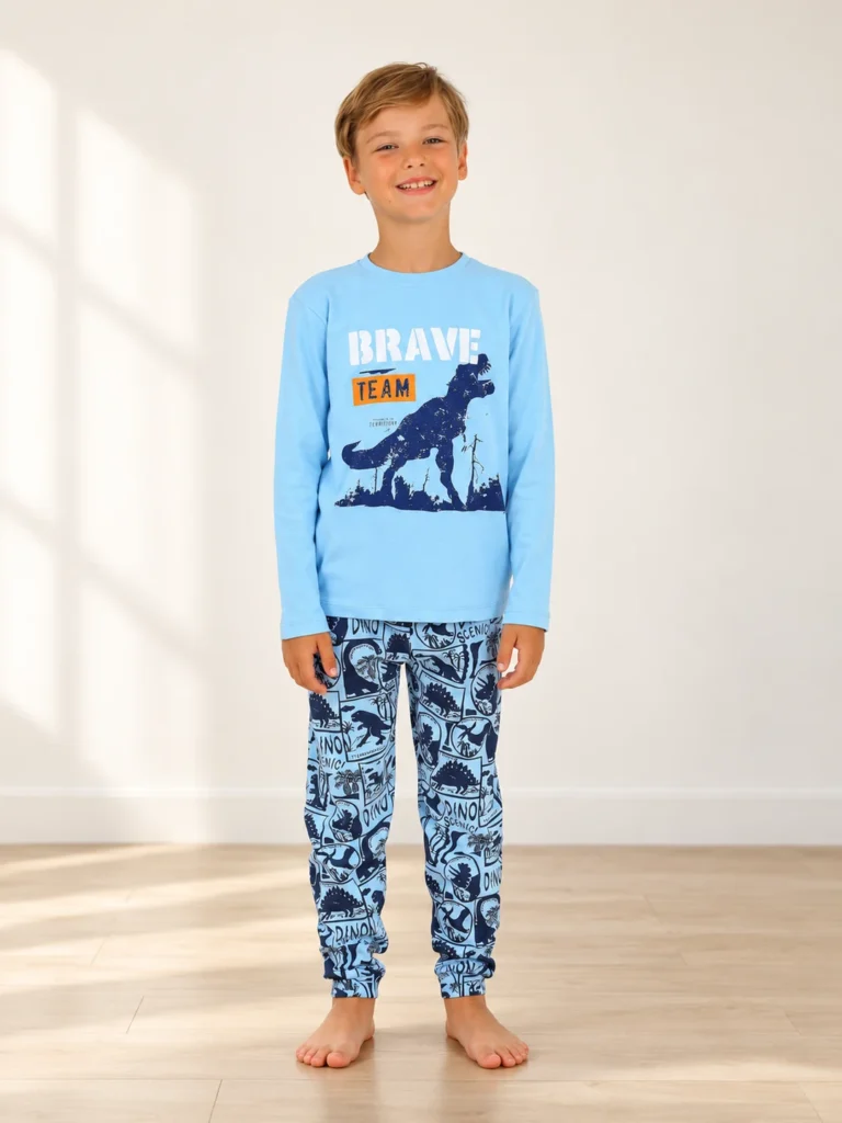 Erkek Çocuk Brave Team Yazılı Dinazor baskılı uzun Kollu Pijama takımı