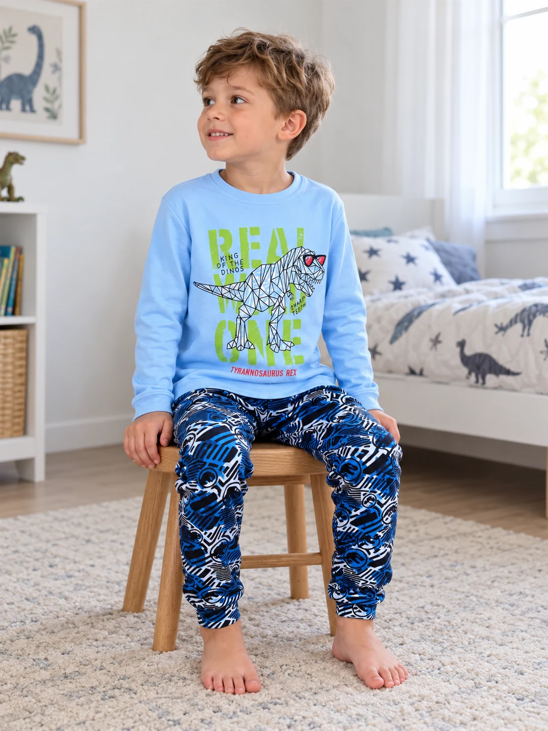 Erkek Çocuk Dinazor Baskılı Uzun Kollu Pijama takımı - V3 doğal ürün görünümü - Almira Bebek