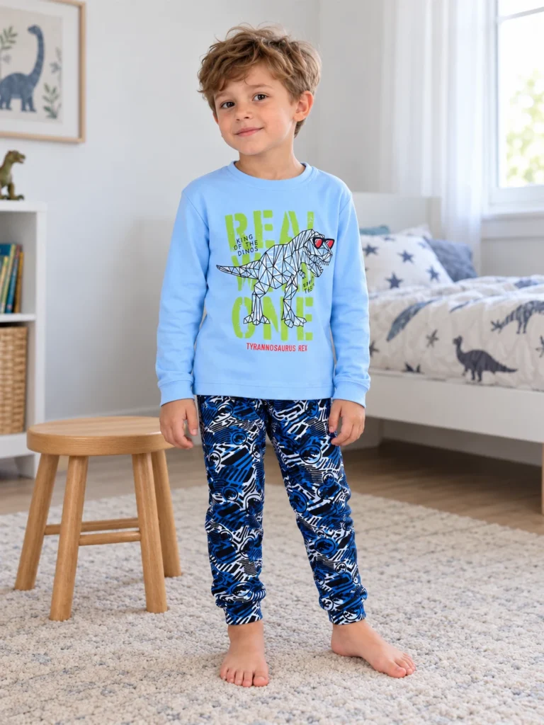 Erkek Çocuk Dinazor Baskılı Uzun Kollu Pijama takımı - V3 doğal ürün görünümü - Almira Bebek