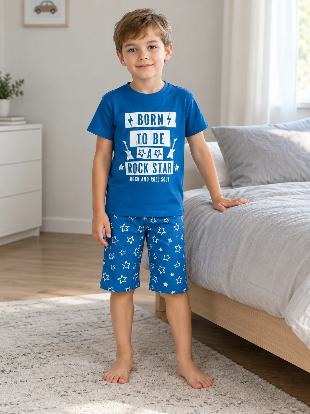 Erkek Çocuk Bron To Be Rock Star Yazılı Kısa Kollu Pijama Takımı - V3 doğal ürün görünümü - Almira Bebek