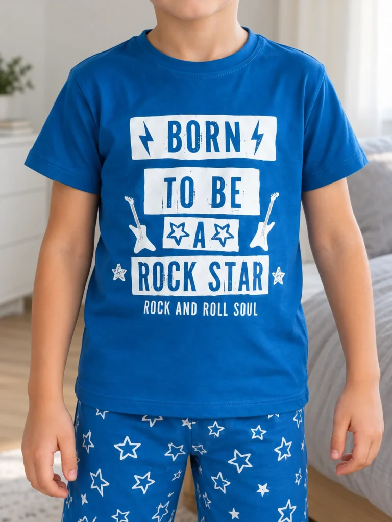 Erkek Çocuk Bron To Be Rock Star Yazılı Kısa Kollu Pijama Takımı - V3 doğal ürün görünümü - Almira Bebek