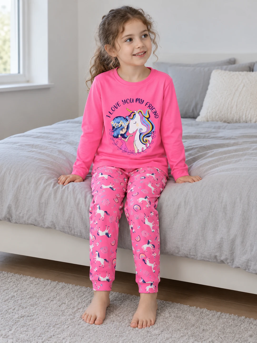 Kız Çocuk Unicorn Baskılı Uzun Kollu Pijama Takımı - V3 doğal ürün görünümü - Almira Bebek