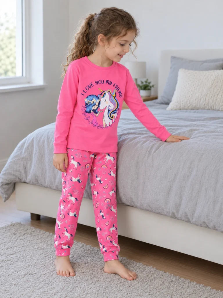 Kız Çocuk Unicorn Baskılı Uzun Kollu Pijama Takımı - V3 doğal ürün görünümü - Almira Bebek