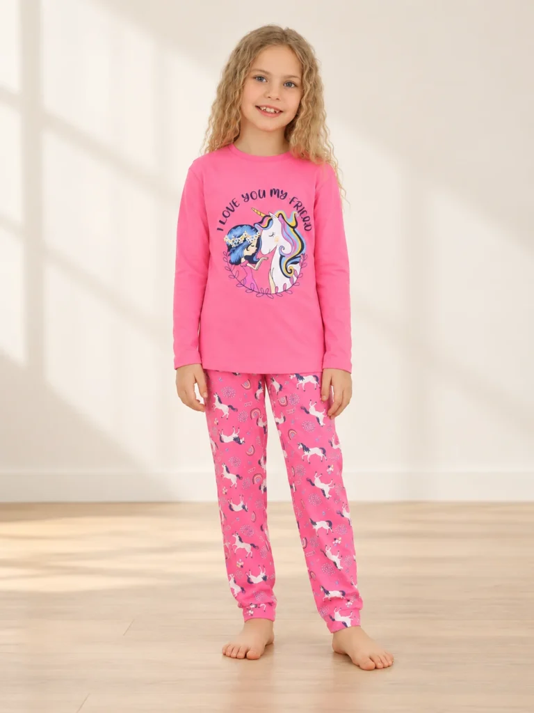 Kız Çocuk Unicorn Baskılı Uzun Kollu Pijama Takımı