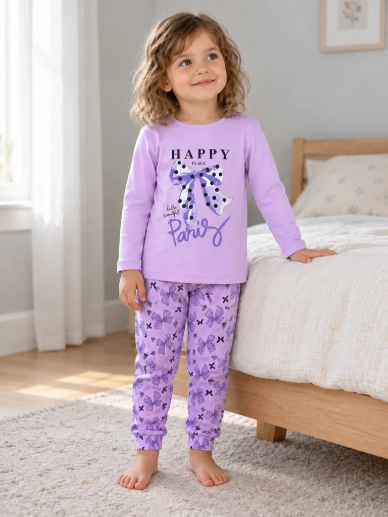 Kız Çocuk Happy Place Paris Yazılı Fiyonk Baskılı Uzun Kollu Pijama Takımı