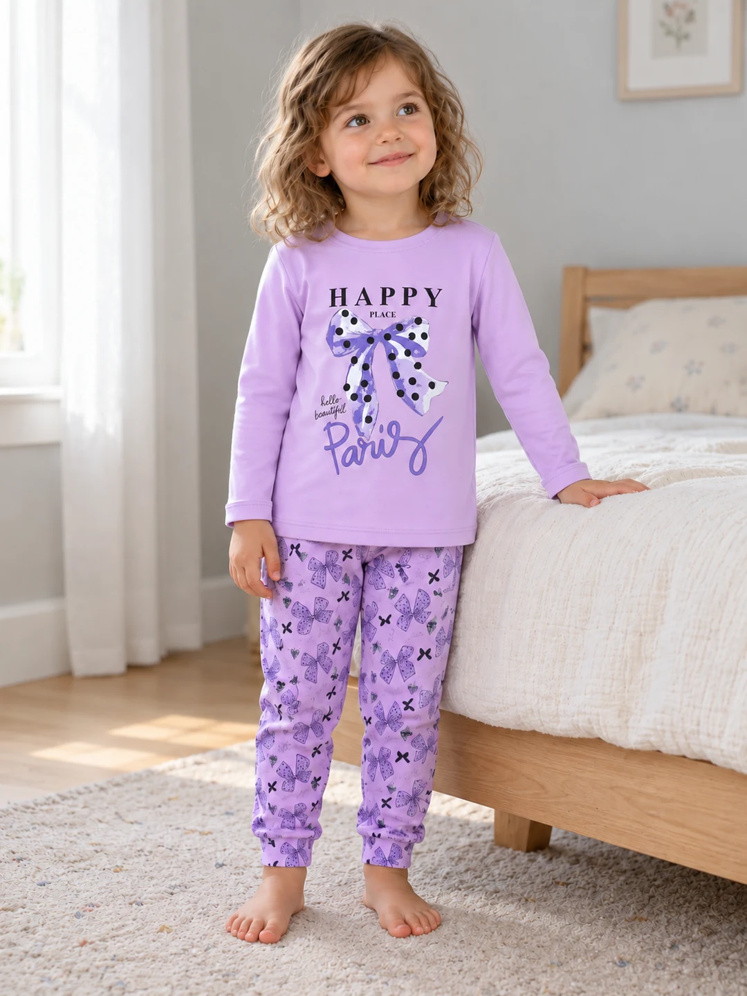Kız Çocuk Happy Place Paris Yazılı Fiyonk Baskılı Uzun Kollu Pijama Takımı - V3 doğal ürün görünümü - Almira Bebek