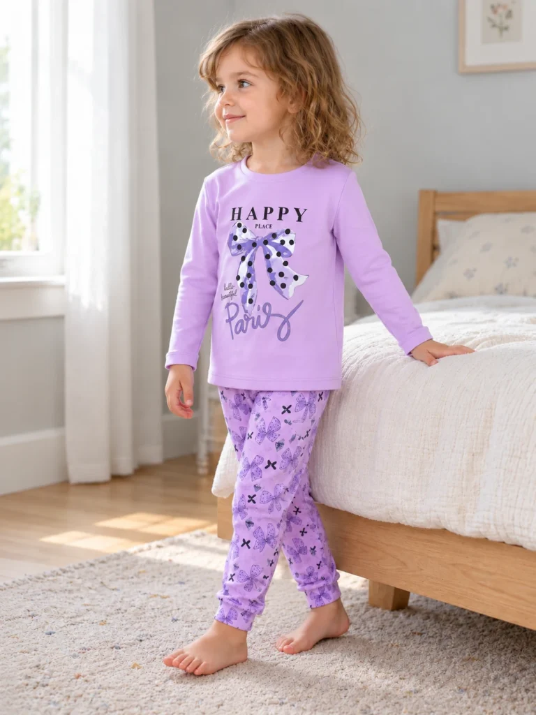 Kız Çocuk Happy Place Paris Yazılı Fiyonk Baskılı Uzun Kollu Pijama Takımı - V3 doğal ürün görünümü - Almira Bebek