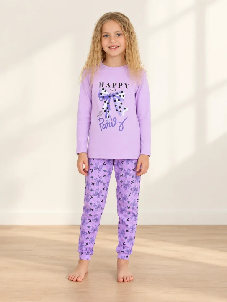 Kız Çocuk Happy Place Paris Yazılı Fiyonk Baskılı Uzun Kollu Pijama Takımı