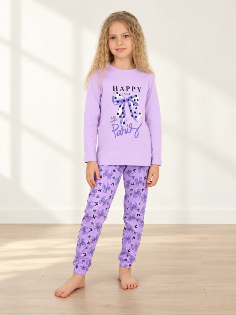 Kız Çocuk Happy Place Paris Yazılı Fiyonk Baskılı Uzun Kollu Pijama Takımı - Alternatif ürün görünümü - Almira Bebek