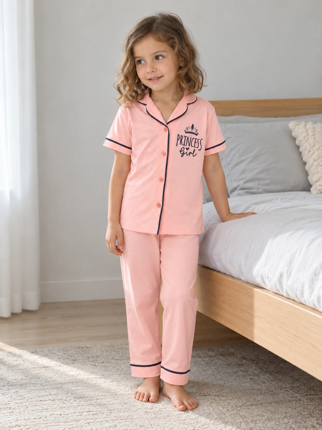 Kız Çocuk Princess Girl Yazılı Önden Düğmeli Pijama Takımı - V3 doğal ürün görünümü - Almira Bebek