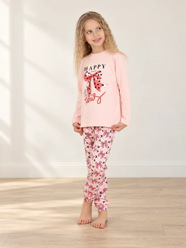 Kız Çocuk Happy Place Yazılı Fiyonk Detaylı Pijama takımı