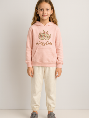 Kız Çocuk Happy Cats Yazılı gözlüklü Kedi Baskılı Kapşonlu Sweat Pantolon Takım - Almira Bebek