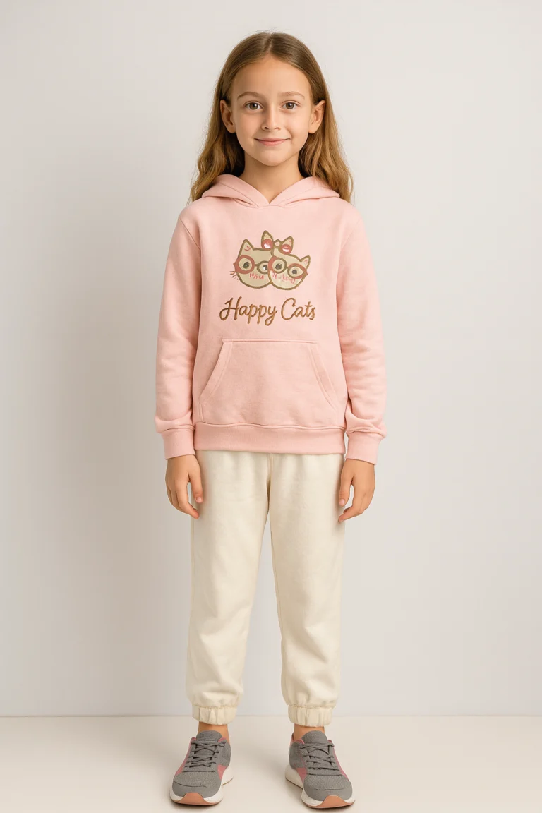 Kız Çocuk Happy Cats Yazılı gözlüklü Kedi Baskılı Kapşonlu Sweat Pantolon Takım