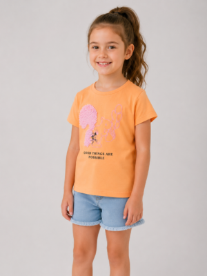 Kız Çocuk Sincap Baskılı Good Thıngs Are Posıble Yazılı Kısa Kollu Tişört - Almira Bebek