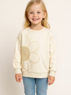 Kız Çocuk Papatya Nakışlı İç Kısmı Şardonlu Beyaz Renk Sweatshirt - Almira Bebek