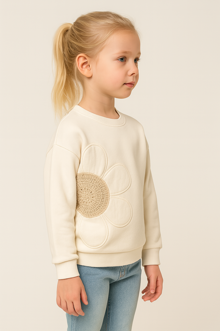 Kız Çocuk Papatya Nakışlı İç Kısmı Şardonlu Beyaz Renk Sweatshirt - 2. görsel