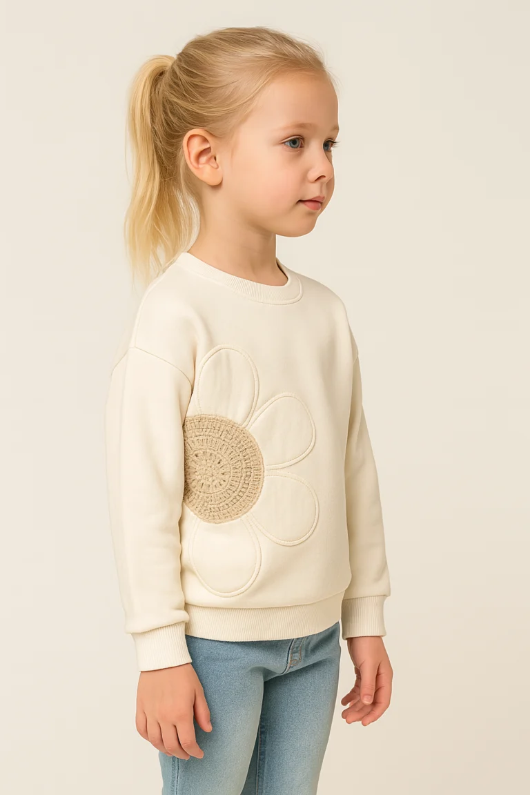 Kız Çocuk Papatya Nakışlı İç Kısmı Şardonlu Beyaz Renk Sweatshirt - 2. görsel