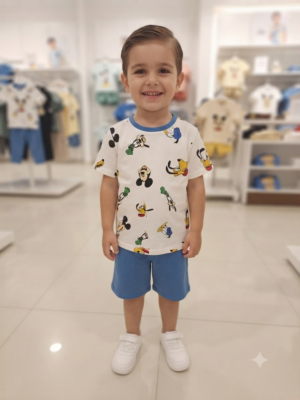 Erkek Çocuk Dufy Mickey Ve Köpek Baskılı Tişörtlü Şortlu Takım - Almira Bebek