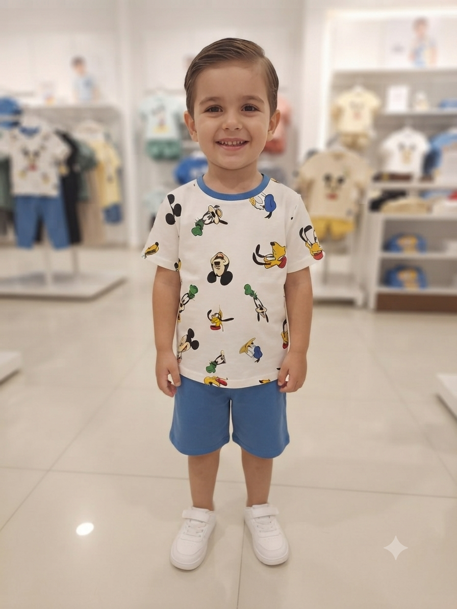 Erkek Çocuk Dufy Mickey Ve Köpek Baskılı Tişörtlü Şortlu Takım - Almira Bebek