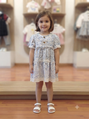 Kız Çocuk Çiçek Baskılı Balon Kollu Düğmeli Elbise - Almira Bebek