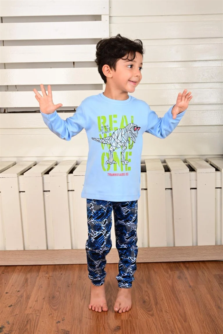 Erkek Çocuk Dinazor Baskılı Uzun Kollu Pijama takımı - 2. görsel