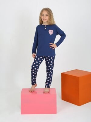 Kız Çocuk Kalp Baskılı Düğneli Pijama Takımı - Almira Bebek