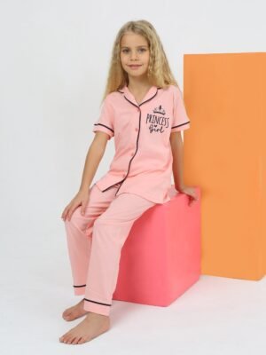 Kız Çocuk Princess Girl Yazılı Önden Düğmeli Pijama Takımı - Almira Bebek