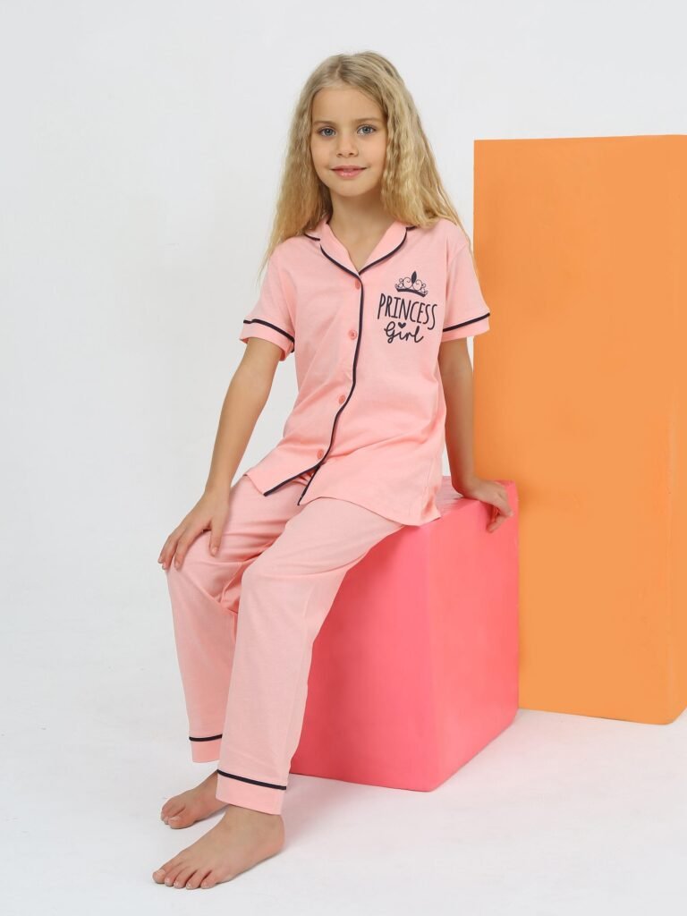 Kız Çocuk Princess Girl Yazılı Önden Düğmeli Pijama Takımı