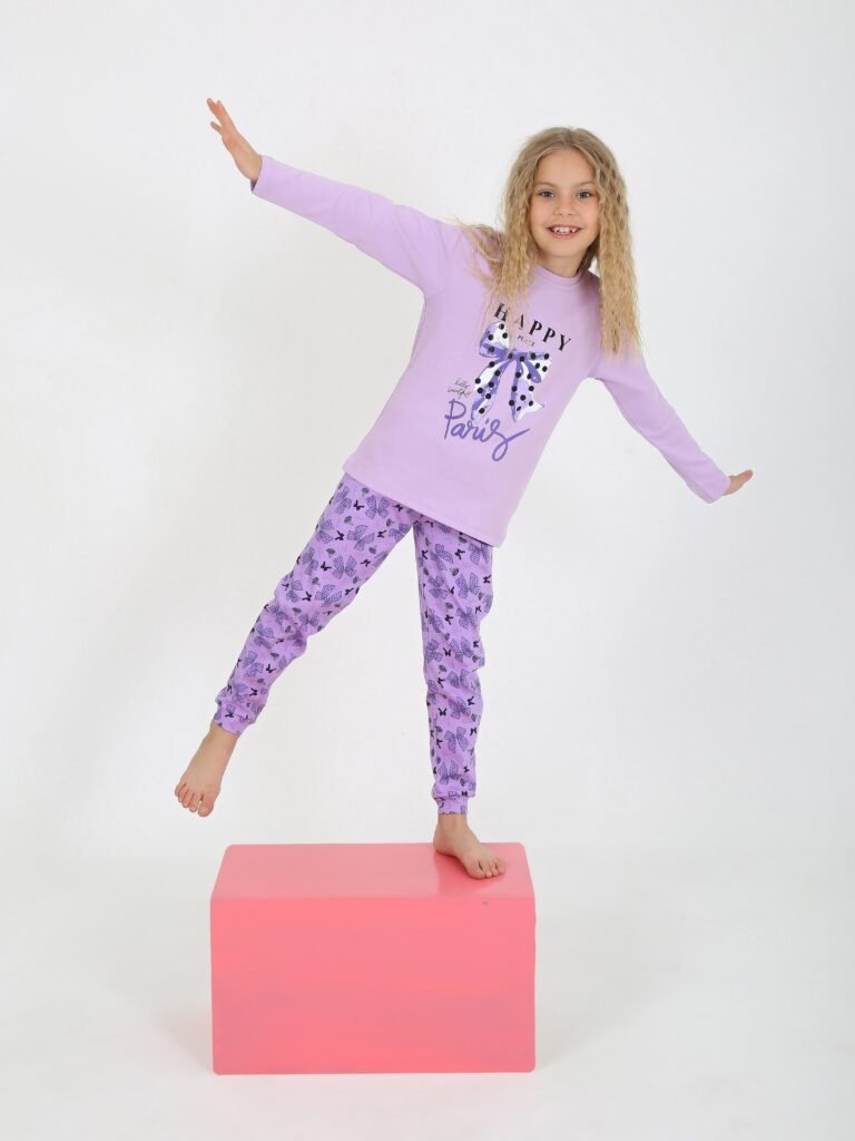 Kız Çocuk Happy Place Paris Yazılı Fiyonk Baskılı Uzun Kollu Pijama Takımı